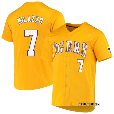 Men's Alex Milazzo LSU Tigers Replica Full-Button Baseball Jersey - Yellow