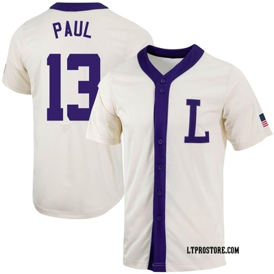 Youth Mic Paul LSU Tigers Replica Natural Full-Button Baseball Jersey