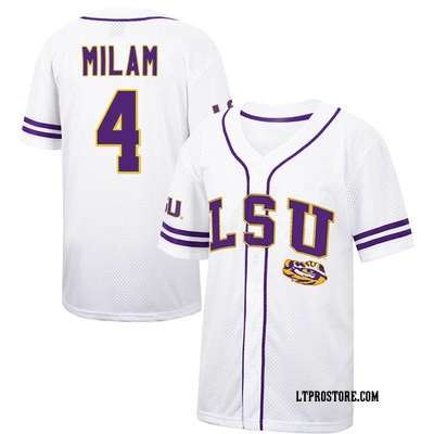 Youth Steven Milam LSU Tigers Replica Colosseum Free Spirited Baseball Jersey - White/Purple