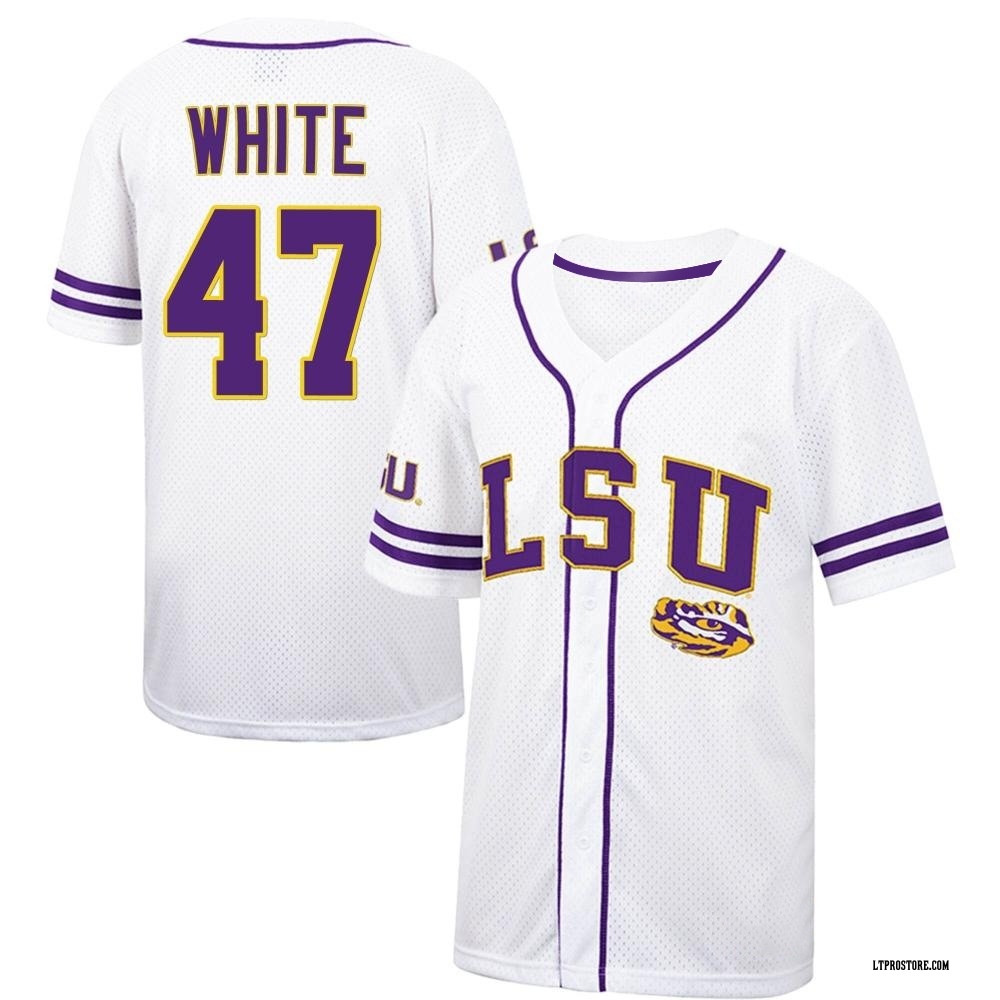 Youth Tommy White LSU Tigers Replica Colosseum Free Spirited Baseball Jersey - White/Purple